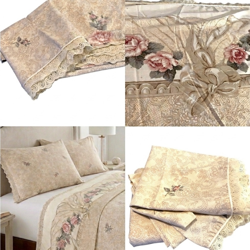VTG Jessica McClintock Full Rose Lace Flat Sheet & Pillowcase Set